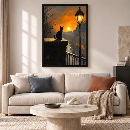 Black Cat By Sunset Lantern Wall Art 2