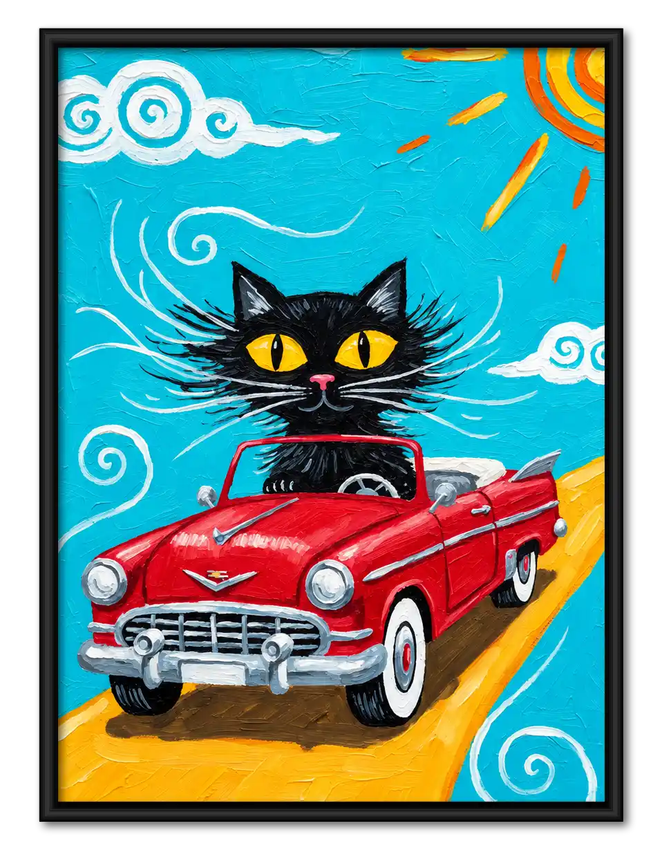 Black Cat Driving Red Convertible Wall Art 1