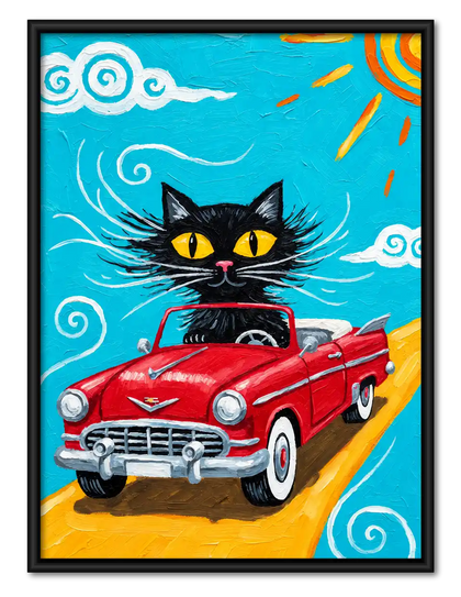 Black Cat Driving Red Convertible Wall Art