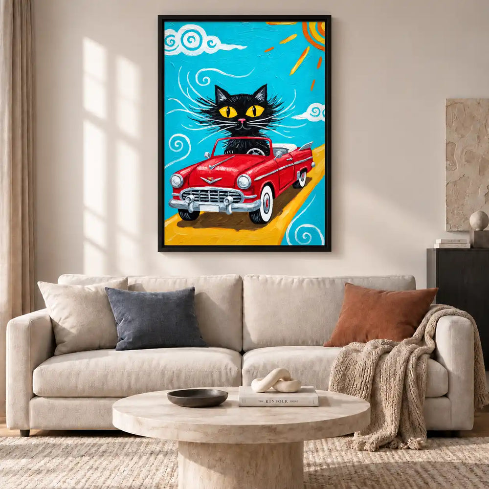 Black Cat Driving Red Convertible Wall Art 2
