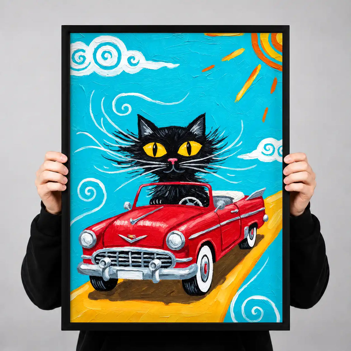 Black Cat Driving Red Convertible Wall Art 3