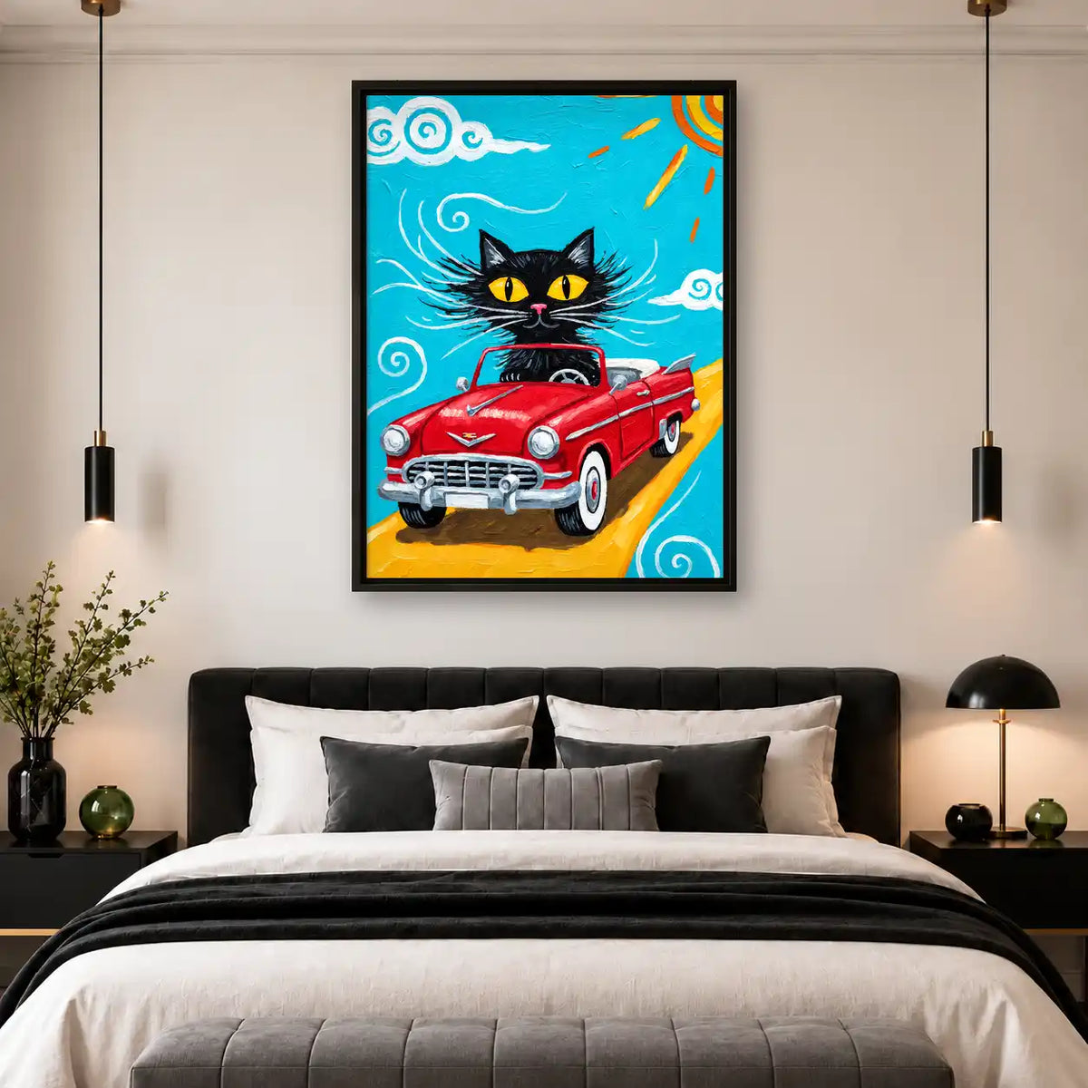 Black Cat Driving Red Convertible Wall Art 4