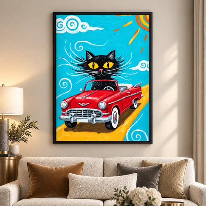 Black Cat Driving Red Convertible Wall Art 5