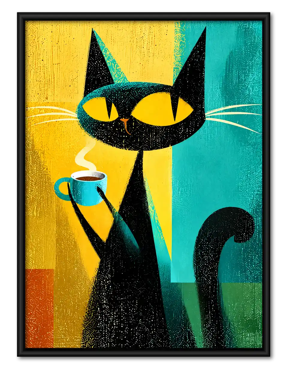 Black Cat Holding Coffee Wall Art 1