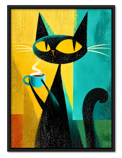 Black Cat Holding Coffee Wall Art