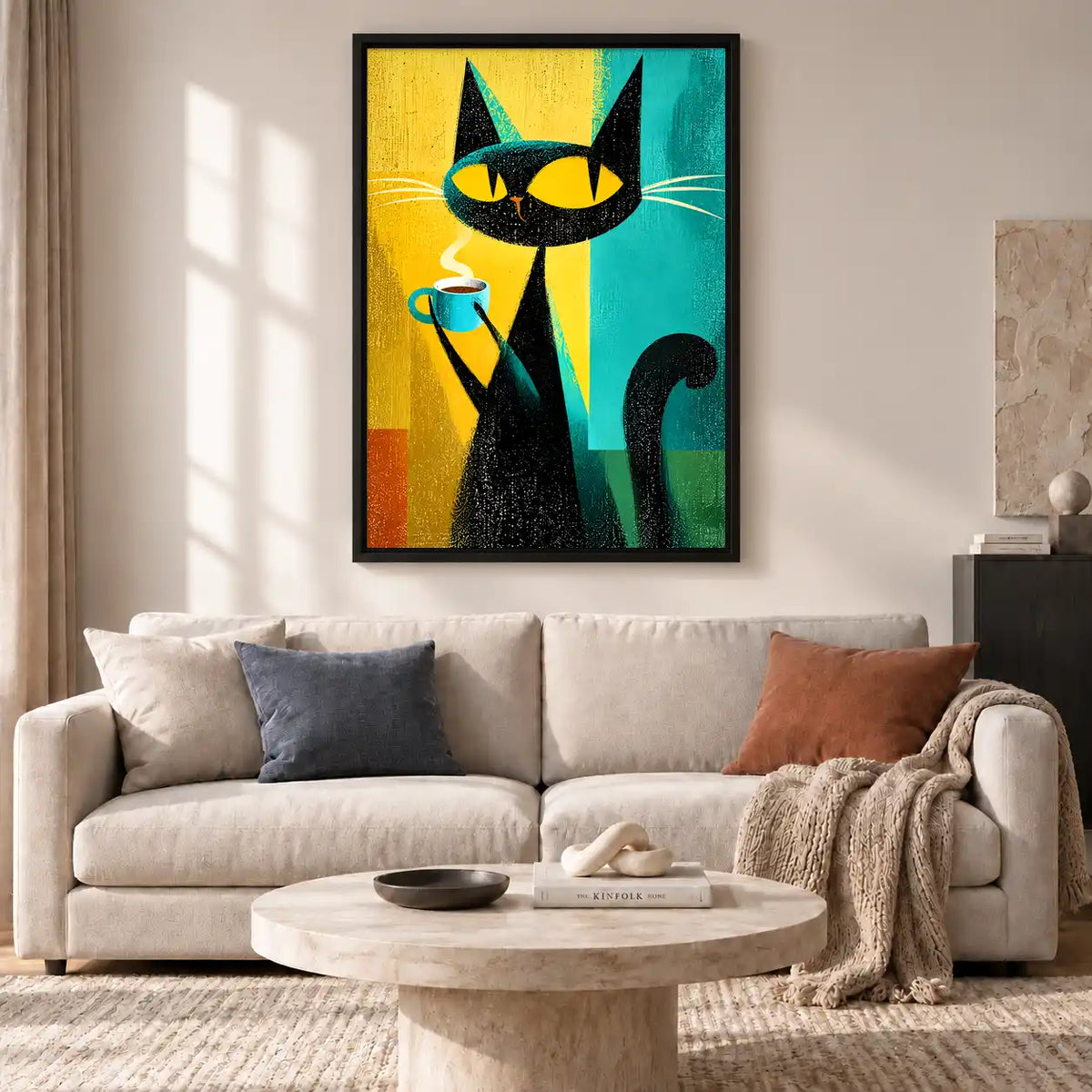Black Cat Holding Coffee Wall Art 2