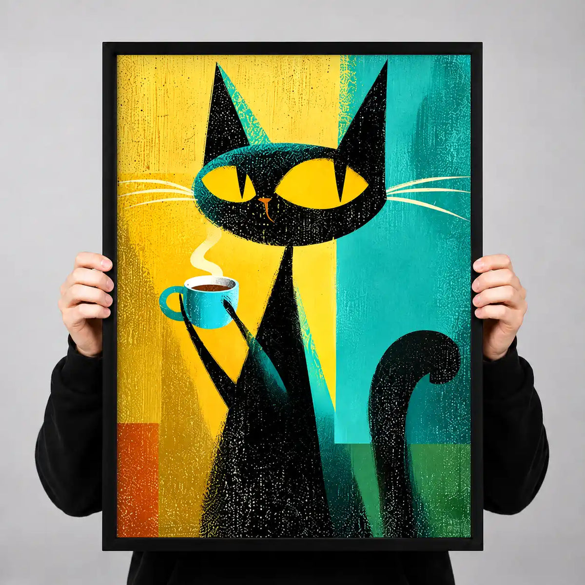 Black Cat Holding Coffee Wall Art 3