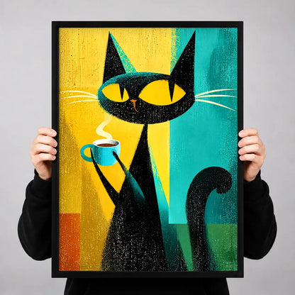 Black Cat Holding Coffee Wall Art 3