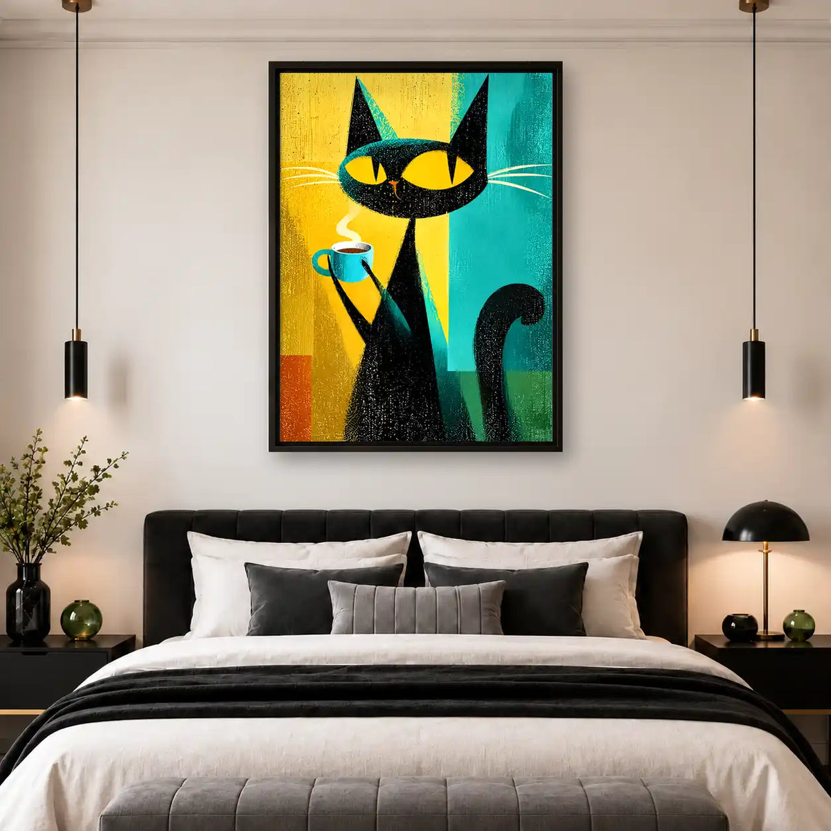 Black Cat Holding Coffee Wall Art 4