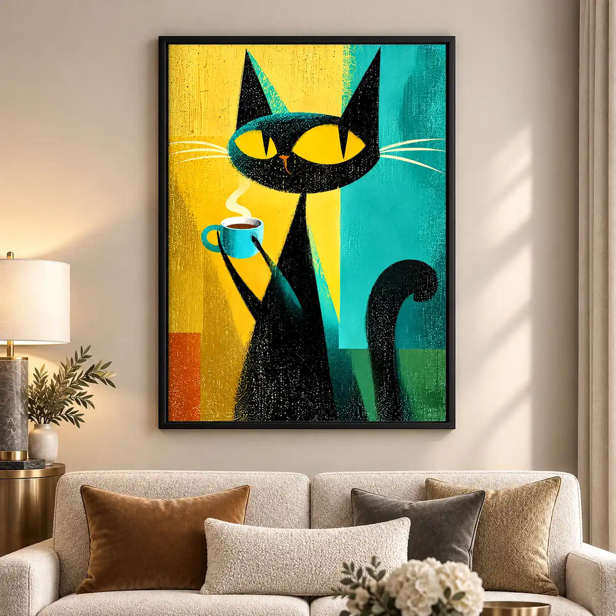 Black Cat Holding Coffee Wall Art 5