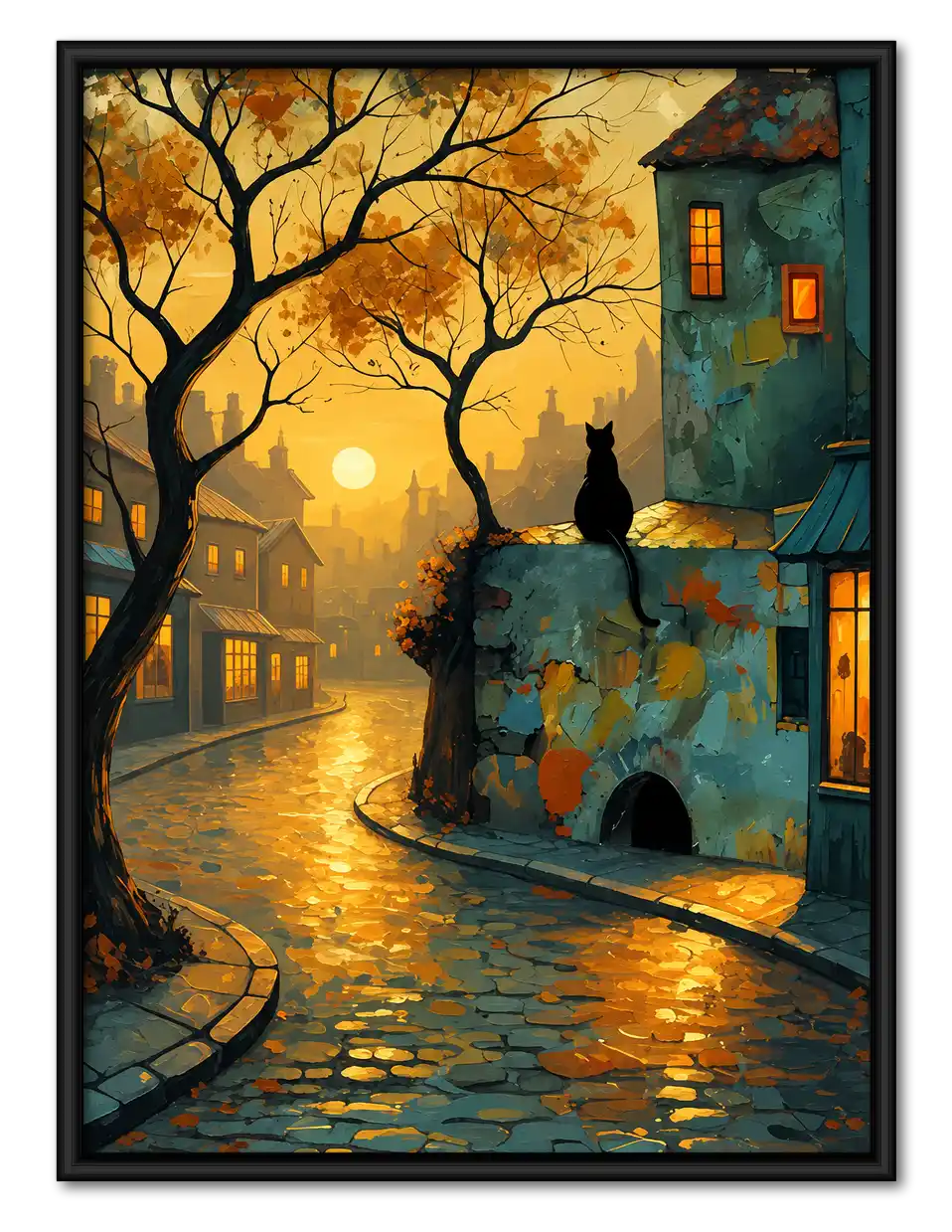 Black Cat In Rainy Cobblestone Town Wall Art 1