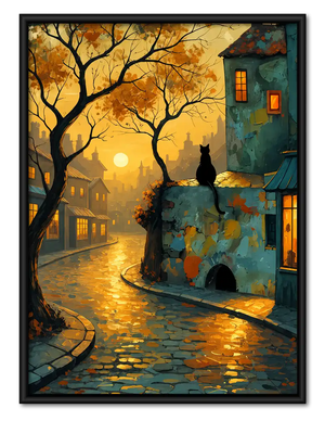 Black Cat In Rainy Cobblestone Town Wall Art