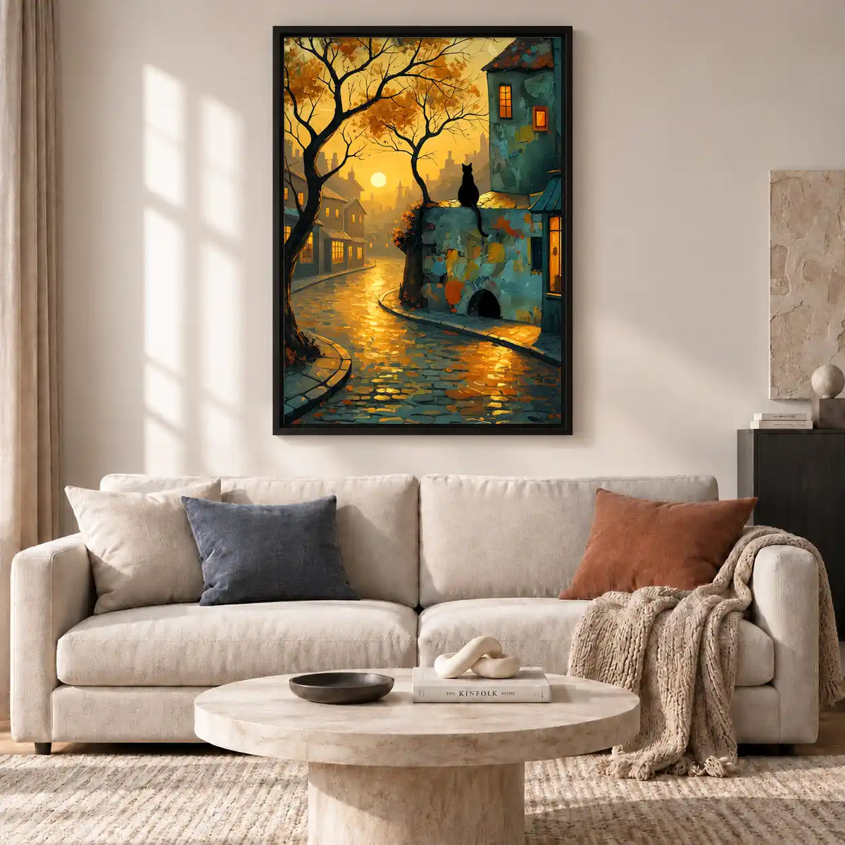 Black Cat In Rainy Cobblestone Town Wall Art 2