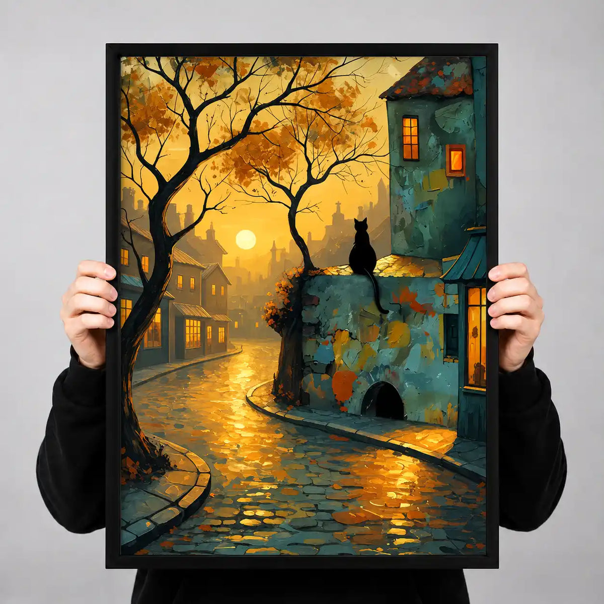 Black Cat In Rainy Cobblestone Town Wall Art 3