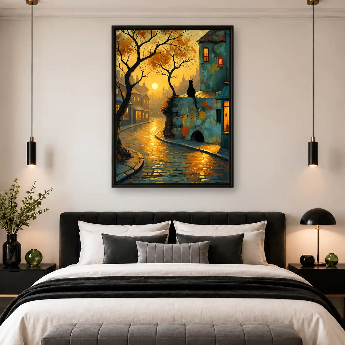 Black Cat In Rainy Cobblestone Town Wall Art 4