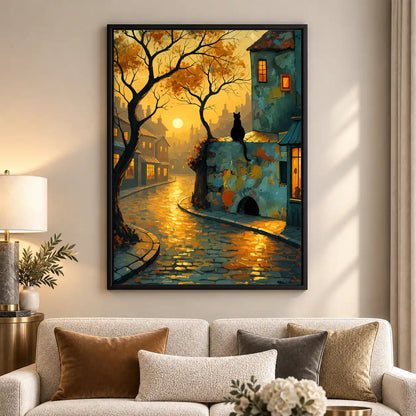 Black Cat In Rainy Cobblestone Town Wall Art 5