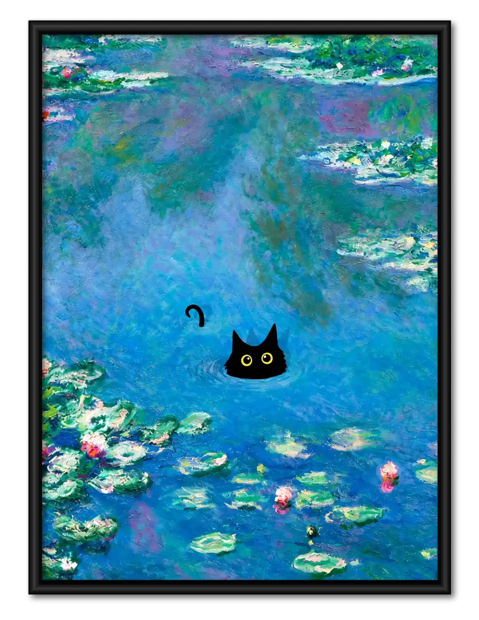 Black Cat In Water Lily Pond Wall Art 1