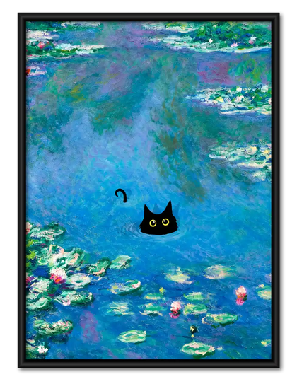 Black Cat In Water Lily Pond Wall Art