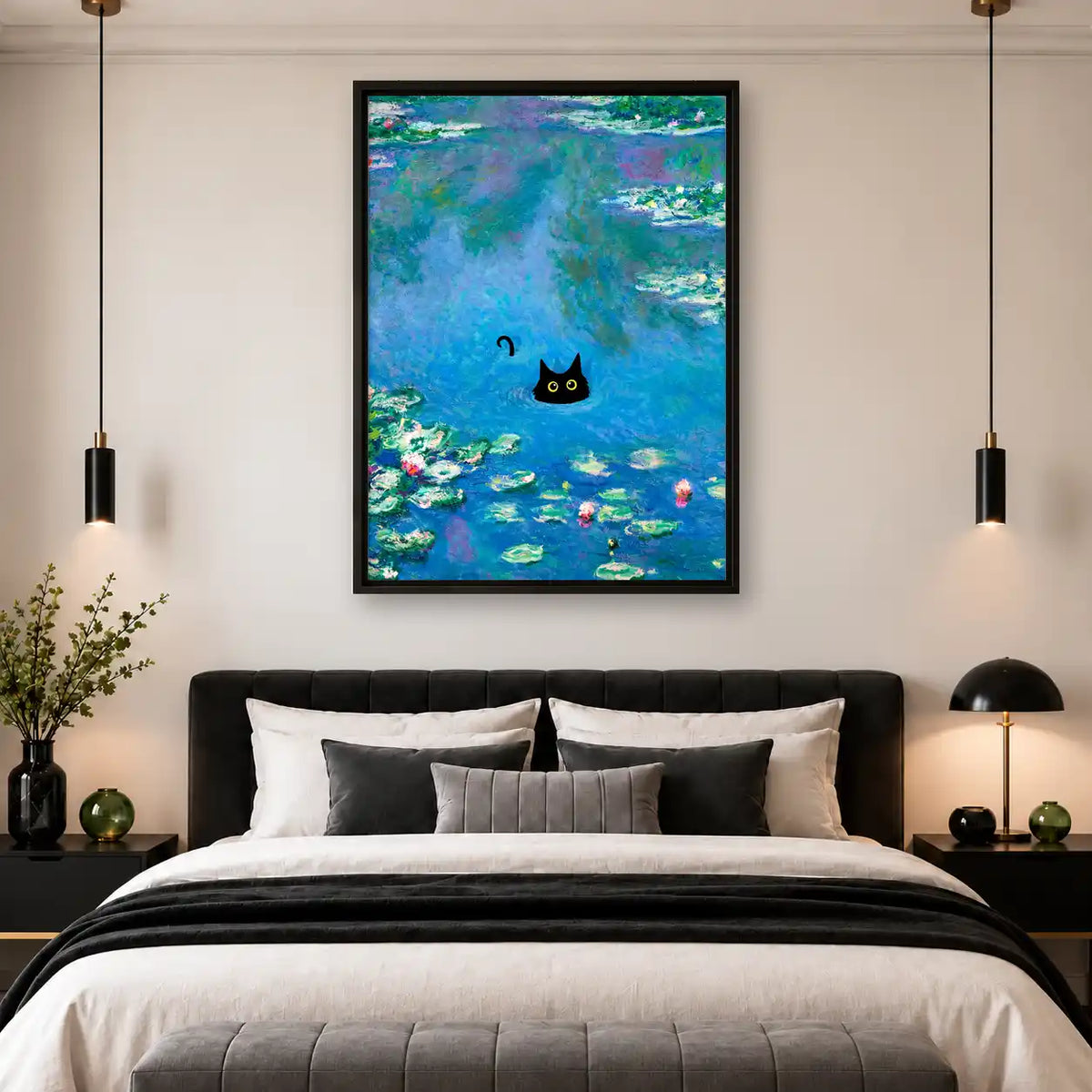 Black Cat In Water Lily Pond Wall Art 4