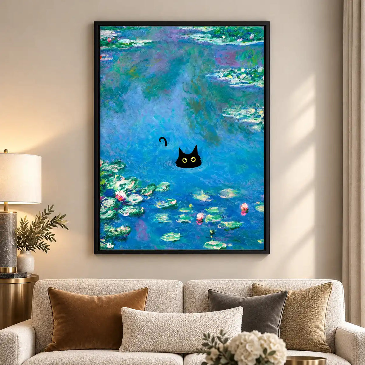 Black Cat In Water Lily Pond Wall Art 5