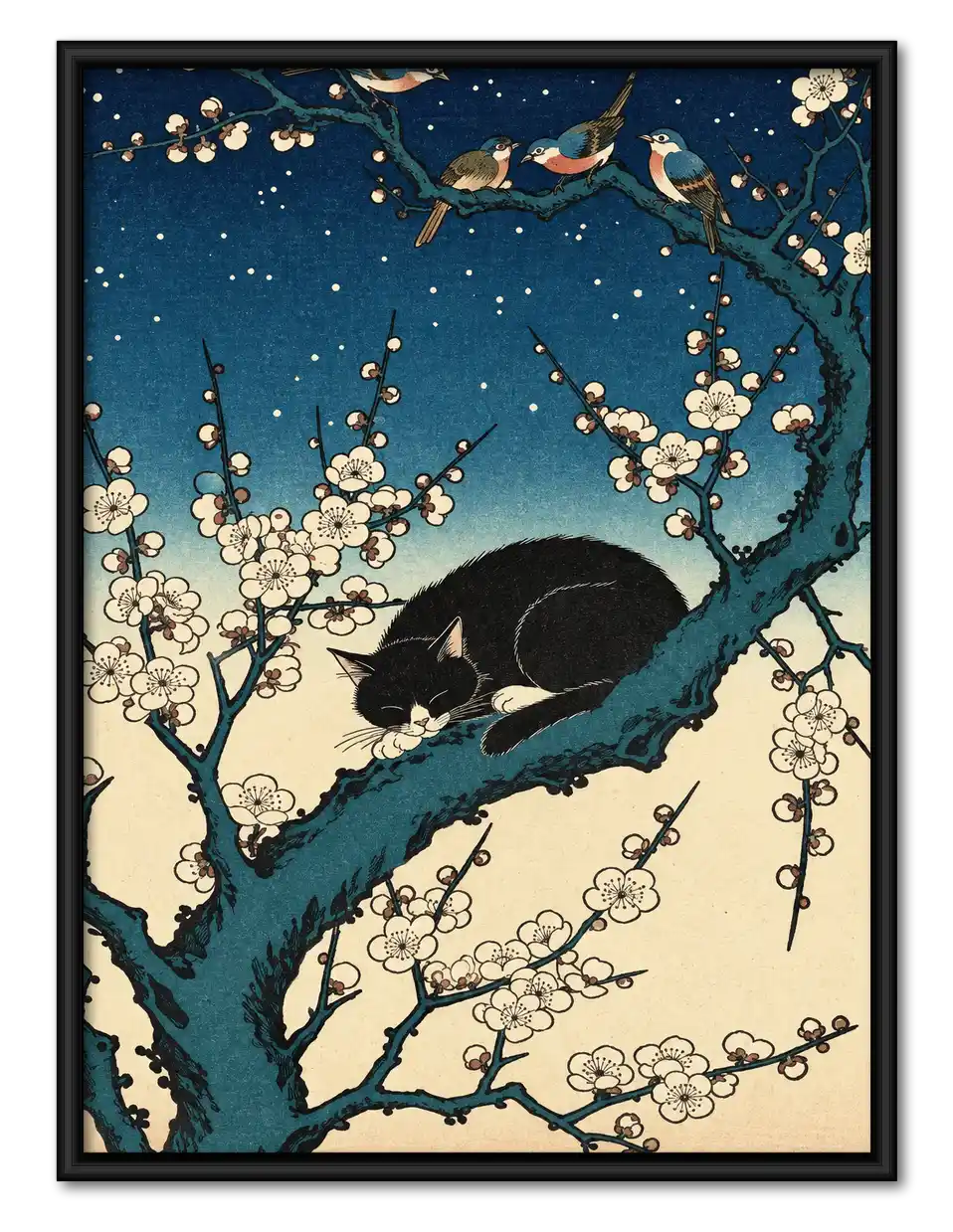 Black Cat On Plum Branch Wall Art 1