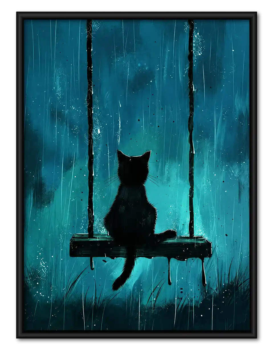 Black Cat On Rainy Swing Wall Art 1