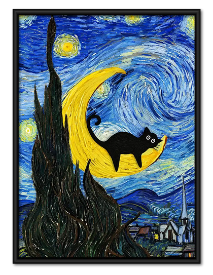Black Cat On Starry Crescent Wall Art