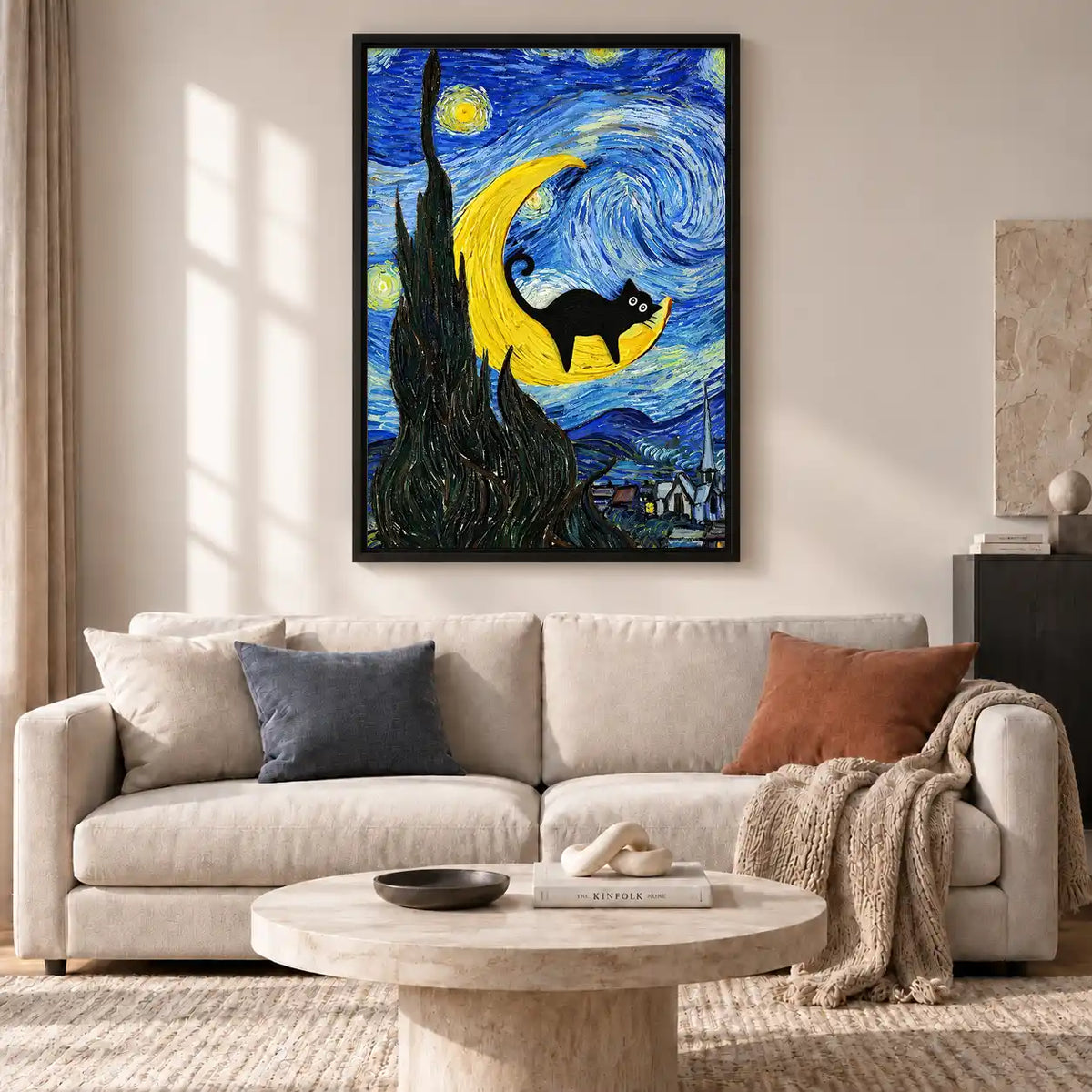 Black Cat On Starry Crescent Wall Art 2