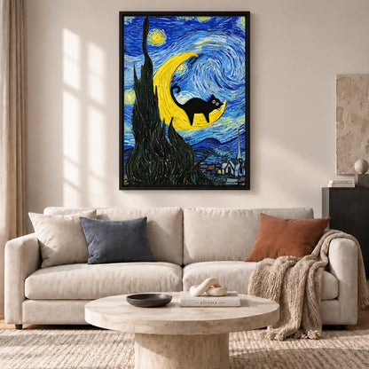Black Cat On Starry Crescent Wall Art 2