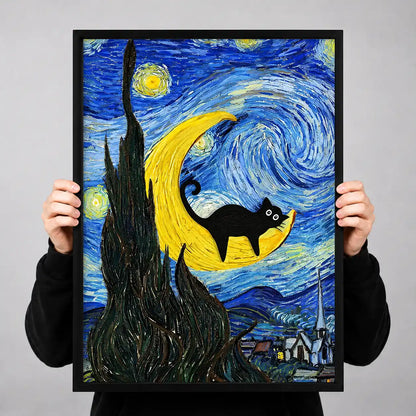 Black Cat On Starry Crescent Wall Art 3