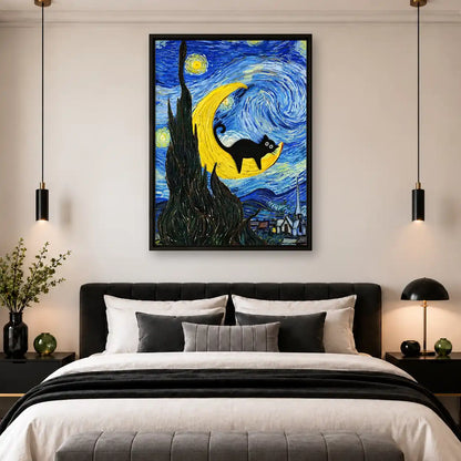 Black Cat On Starry Crescent Wall Art 4