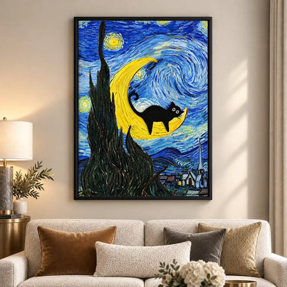 Black Cat On Starry Crescent Wall Art 5