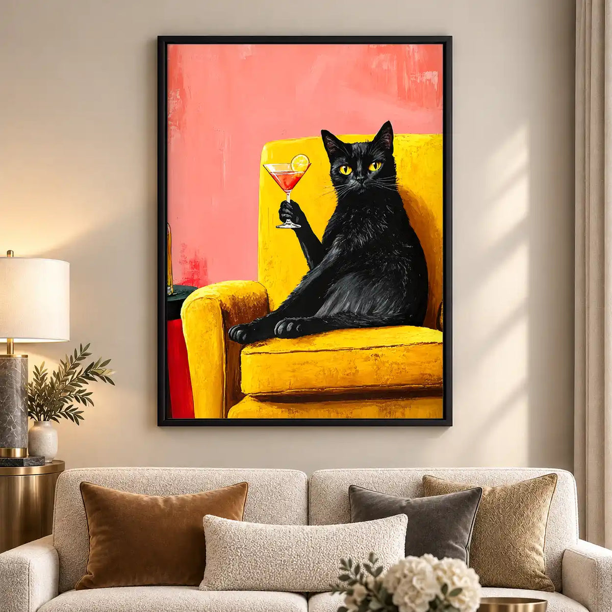 Black Cat On Yellow Chair Wall Art 5