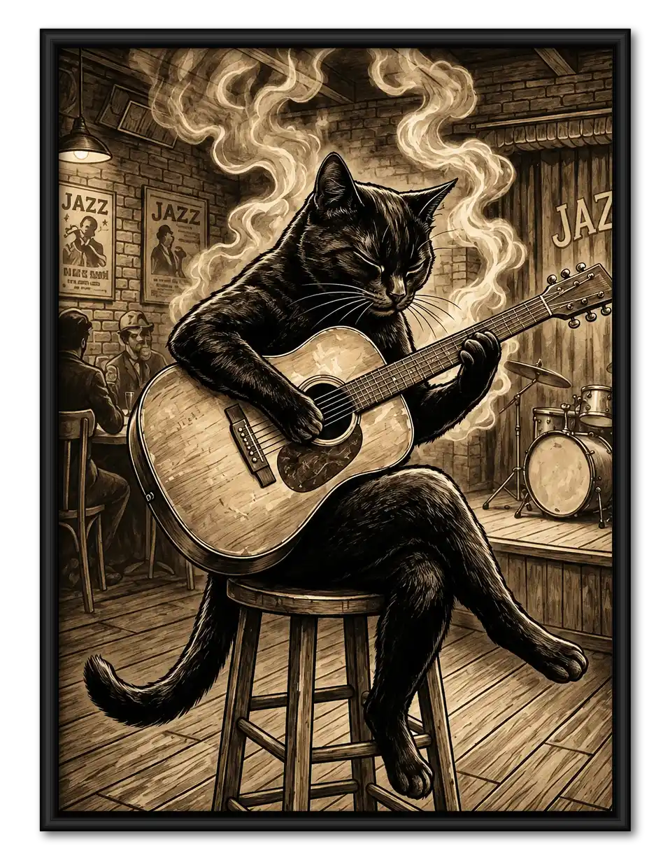 Black Cat Playing Jazz Guitar Wall Art 1