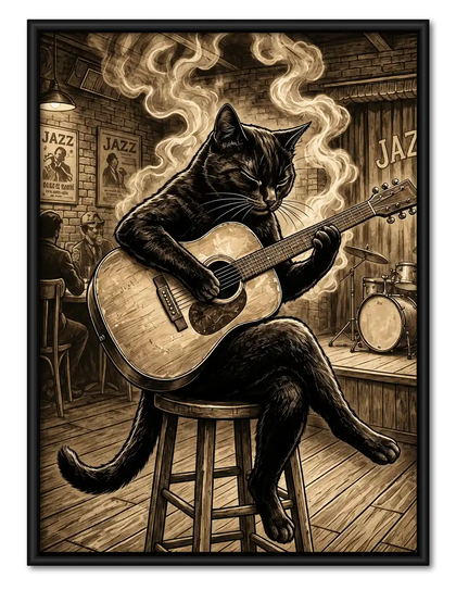 Black Cat Playing Jazz Guitar Wall Art
