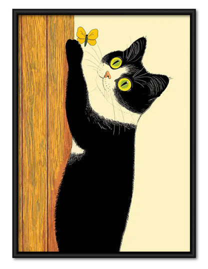 Black Cat Reaching For Butterfly Wall Art 1