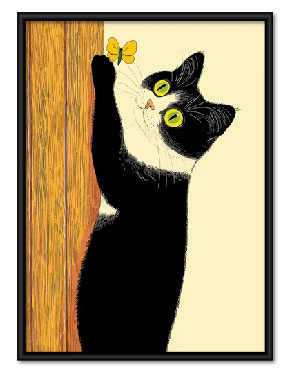 Black Cat Reaching For Butterfly Wall Art