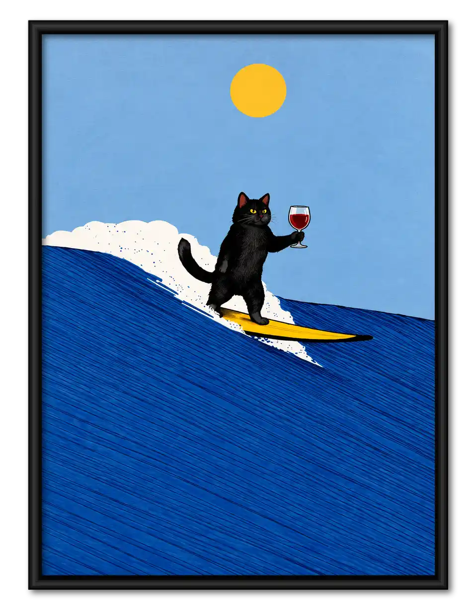 Black Cat Surfing With Wine Wall Art 1