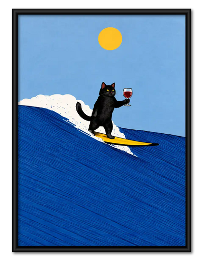 Black Cat Surfing With Wine Wall Art