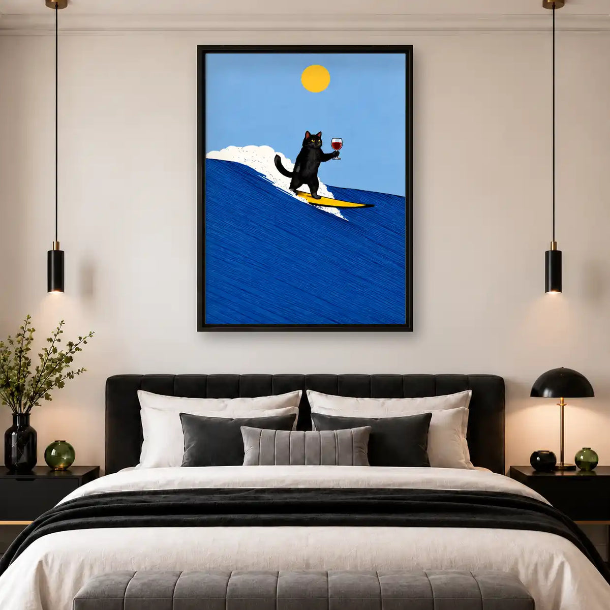 Black Cat Surfing With Wine Wall Art 4