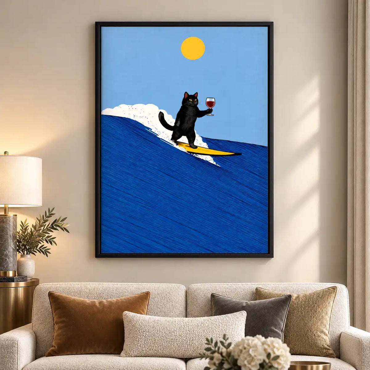 Black Cat Surfing With Wine Wall Art 5