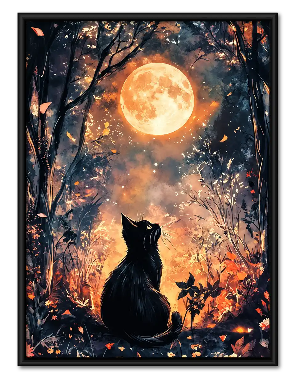 Black Cat Under Autumn Full Moon Wall Art 1