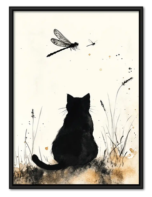 Black Cat Watching Dragonflies Wall Art