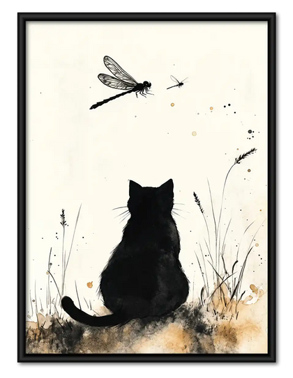 Black Cat Watching Dragonflies Wall Art