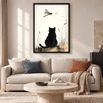 Black Cat Watching Dragonflies Wall Art 2