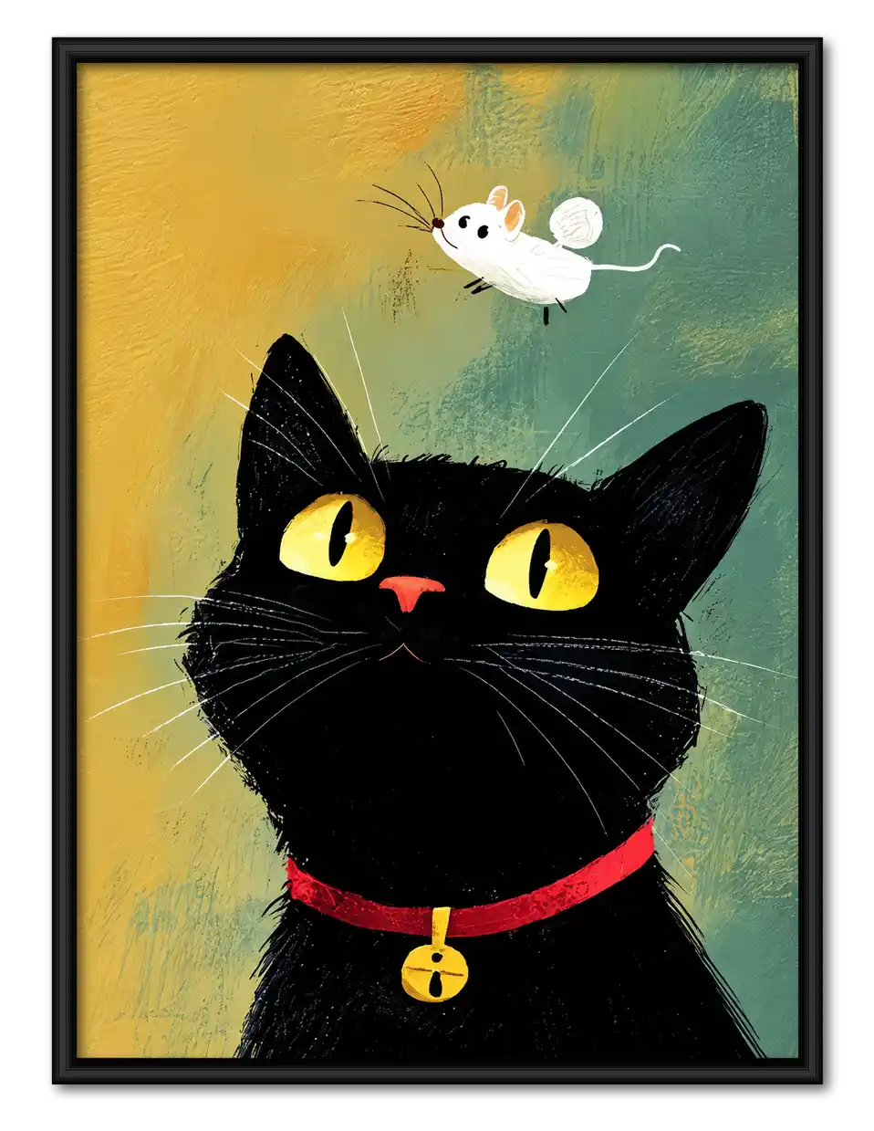 Black Cat Watching Flying Mouse Wall Art 1