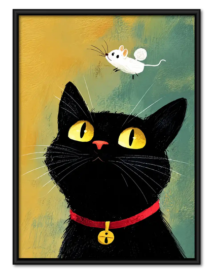 Black Cat Watching Flying Mouse Wall Art