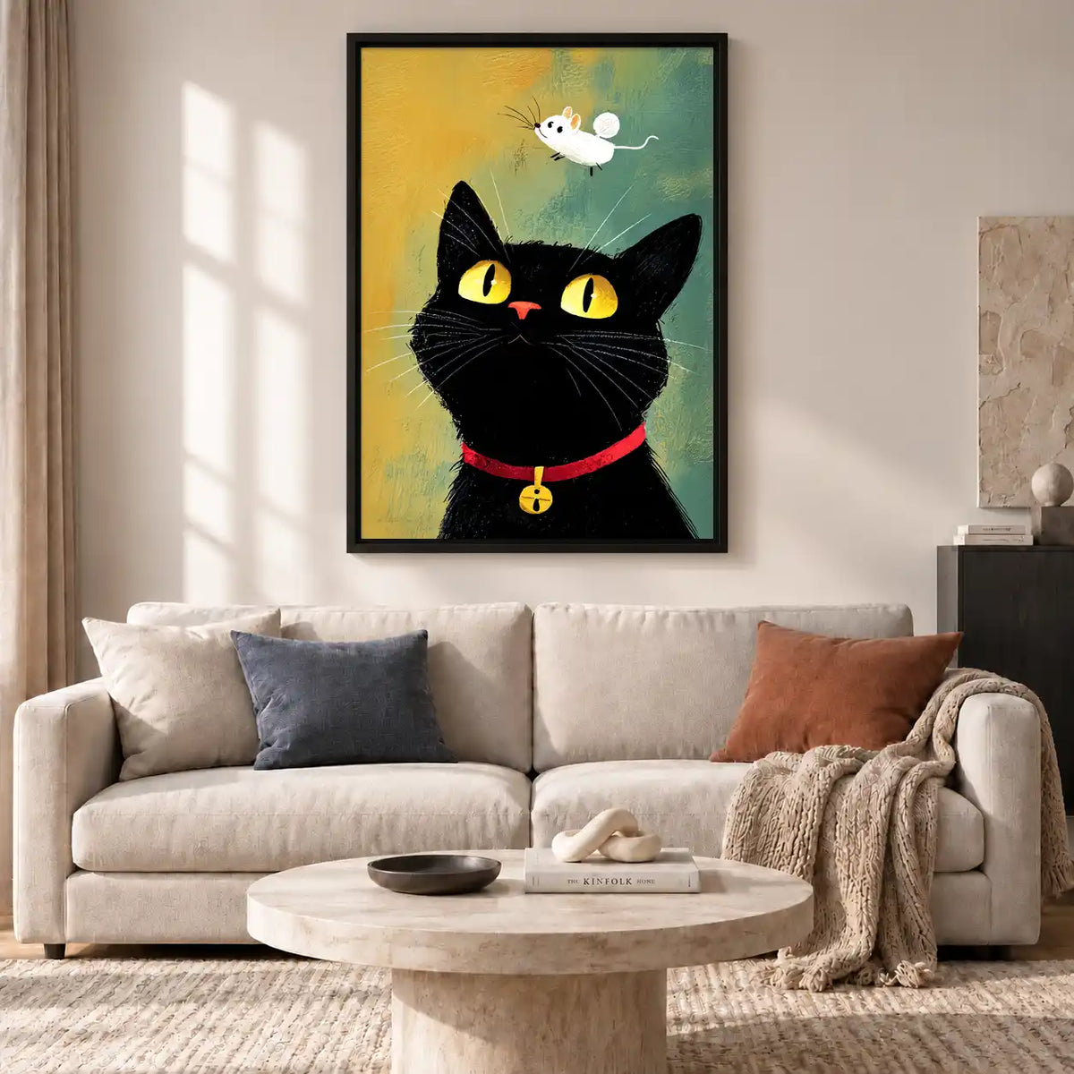 Black Cat Watching Flying Mouse Wall Art 2