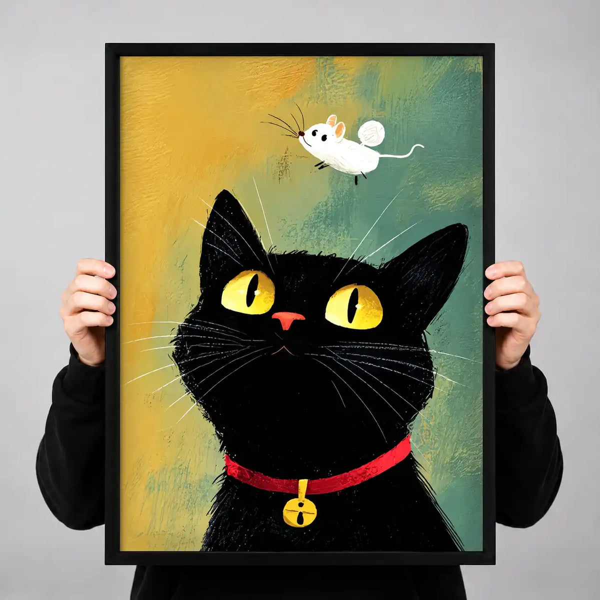 Black Cat Watching Flying Mouse Wall Art 3