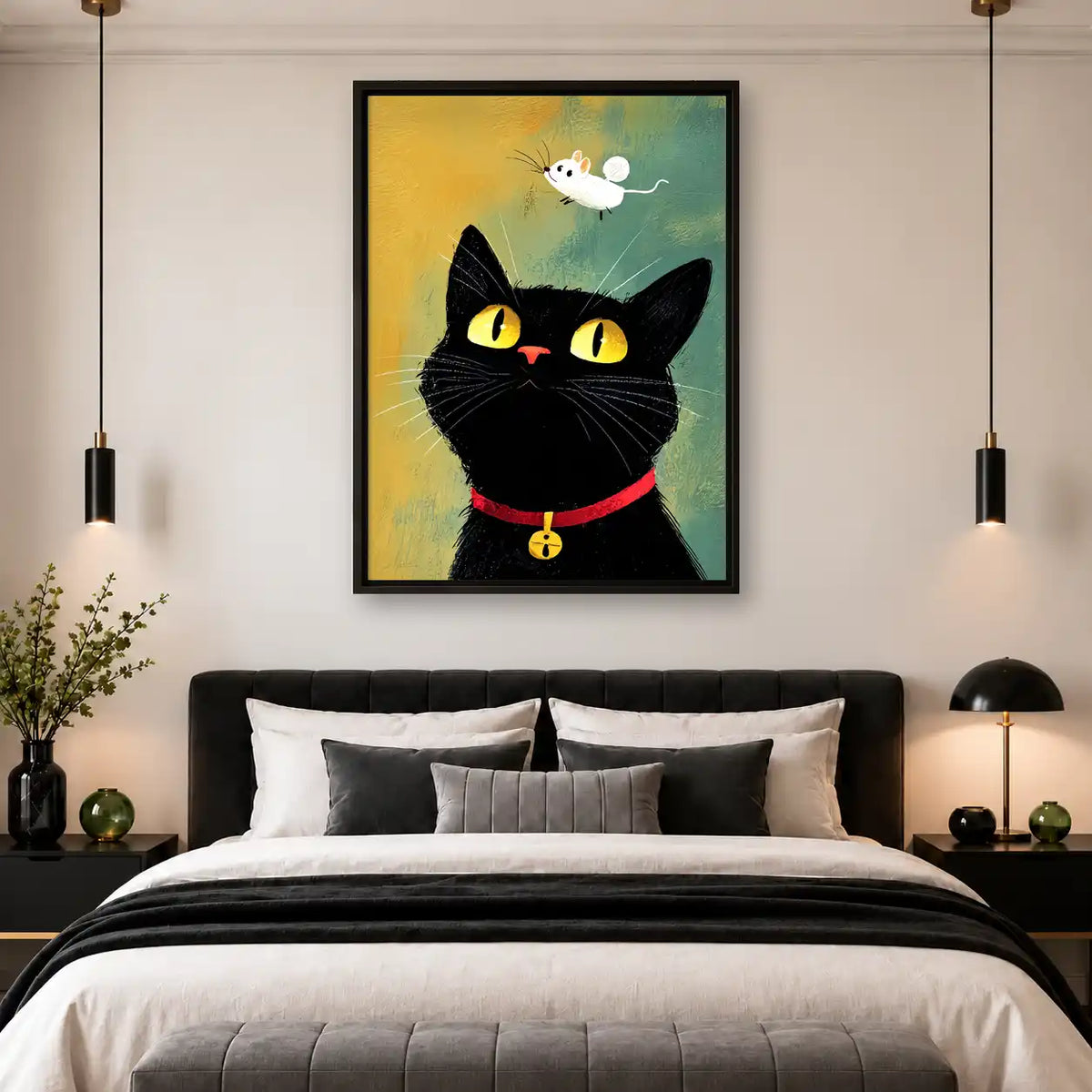 Black Cat Watching Flying Mouse Wall Art 4